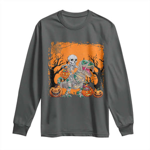 Funny Halloween Skeleton Riding Dinosaur Long Sleeve Shirt TS09 Dark Heather Print Your Wear