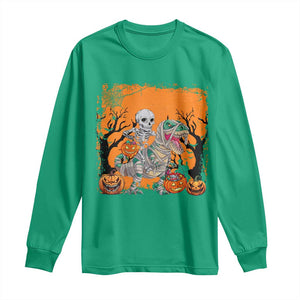 Funny Halloween Skeleton Riding Dinosaur Long Sleeve Shirt TS09 Irish Green Print Your Wear