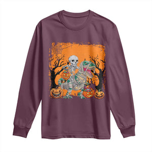 Funny Halloween Skeleton Riding Dinosaur Long Sleeve Shirt TS09 Maroon Print Your Wear