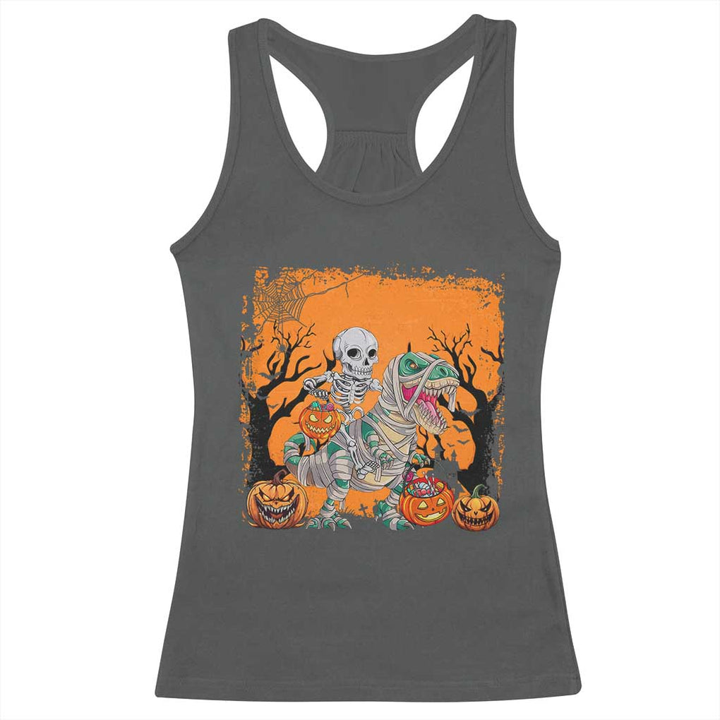 Funny Halloween Skeleton Riding Dinosaur Racerback Tank Top TS09 Dark Heather Print Your Wear