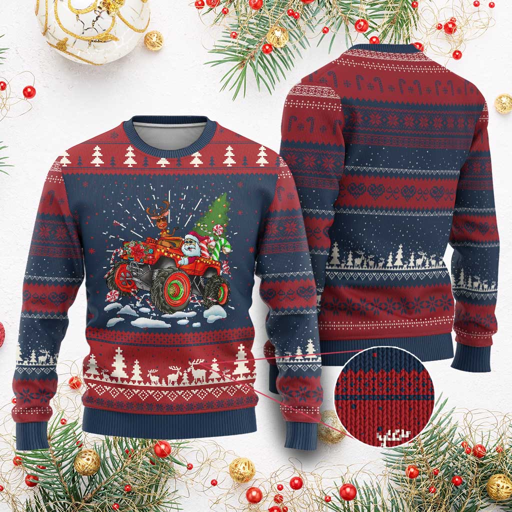 Funny Xmas Ugly Christmas Sweater Santa Reindeer Riding Monster Truck TS09 Burgundy Print Your Wear