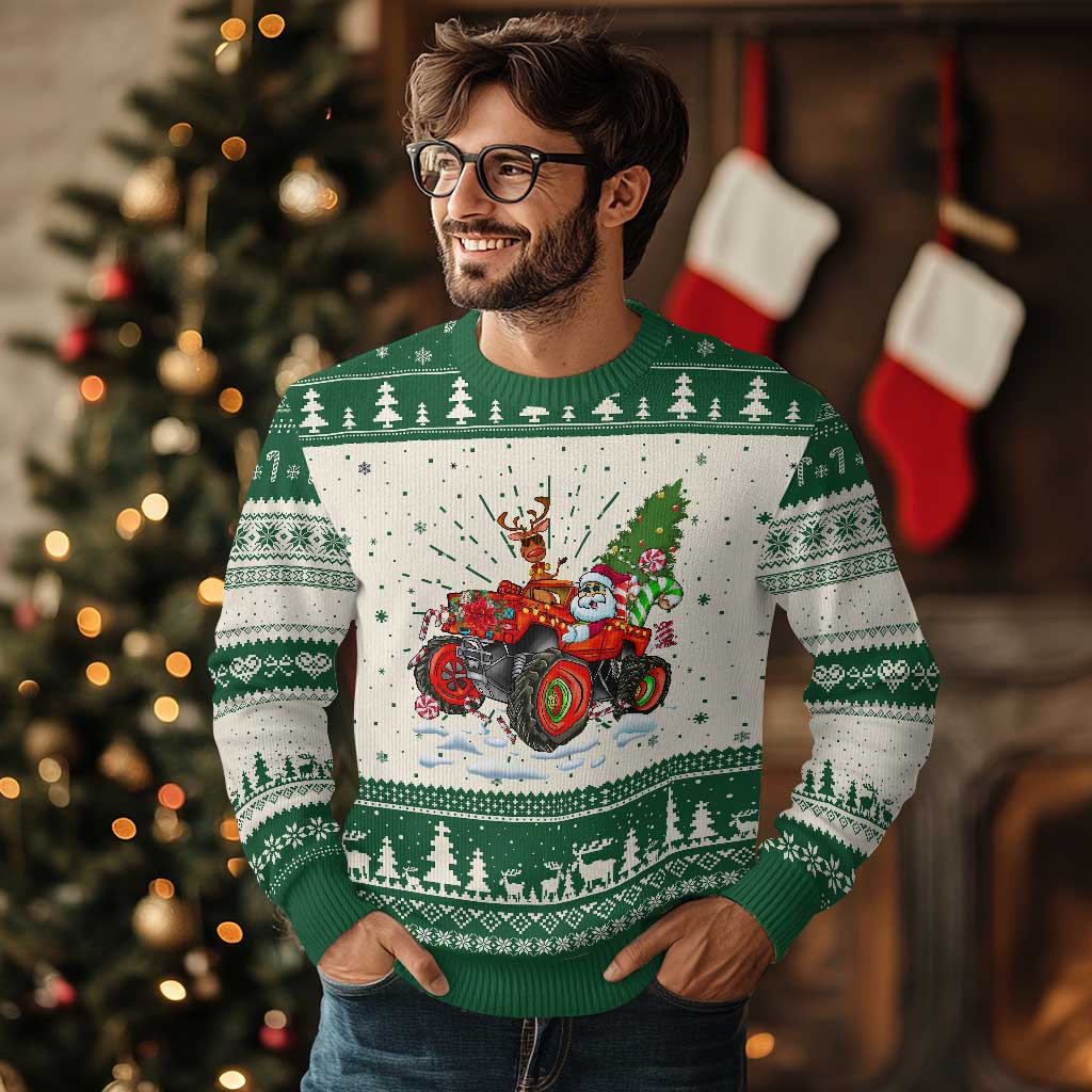 Funny Xmas Ugly Christmas Sweater Santa Reindeer Riding Monster Truck TS09 Green Print Your Wear
