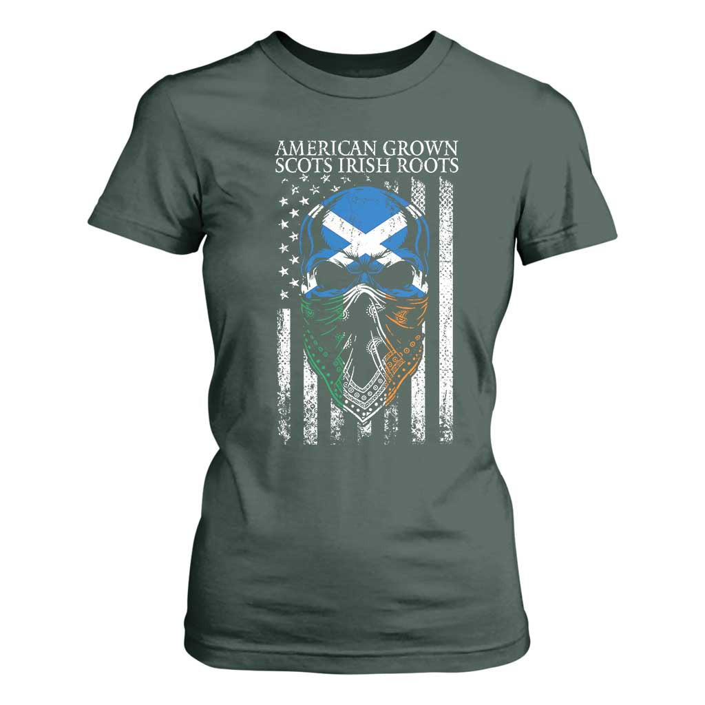 American Grown With Scots Irish Roots T Shirt For Women American Ulster Scots Skull Flag TS09 Dark Forest Green Print Your Wear