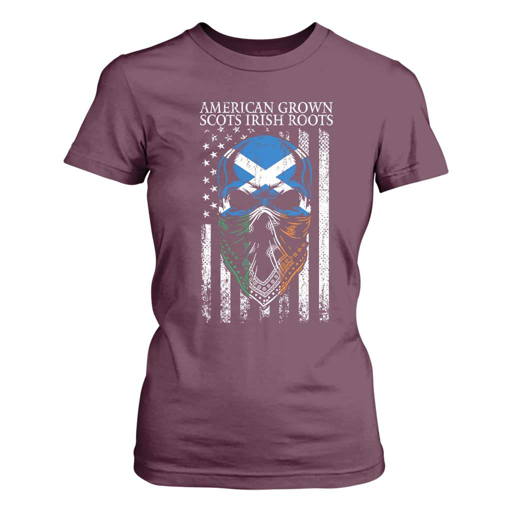 American Grown With Scots Irish Roots T Shirt For Women American Ulster Scots Skull Flag TS09 Maroon Print Your Wear