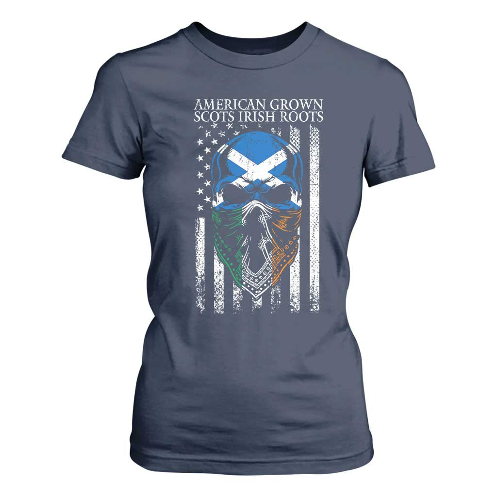American Grown With Scots Irish Roots T Shirt For Women American Ulster Scots Skull Flag TS09 Navy Print Your Wear