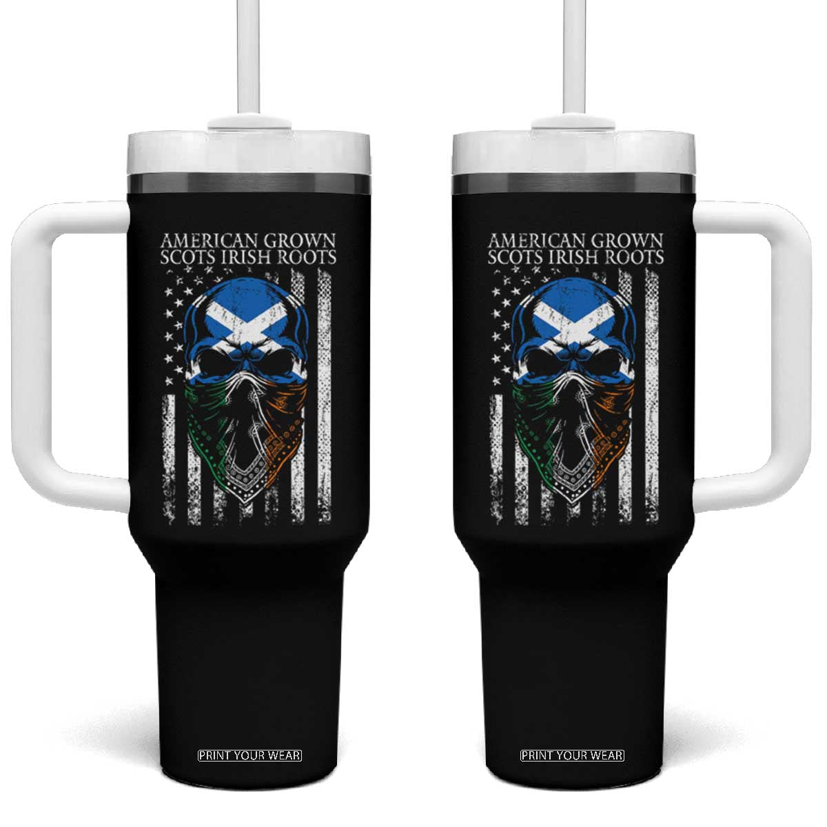 American Grown With Scots Irish Roots Tumbler With Handle American Ulster Scots Skull Flag TS09 One Size: 40 oz Black Print Your Wear