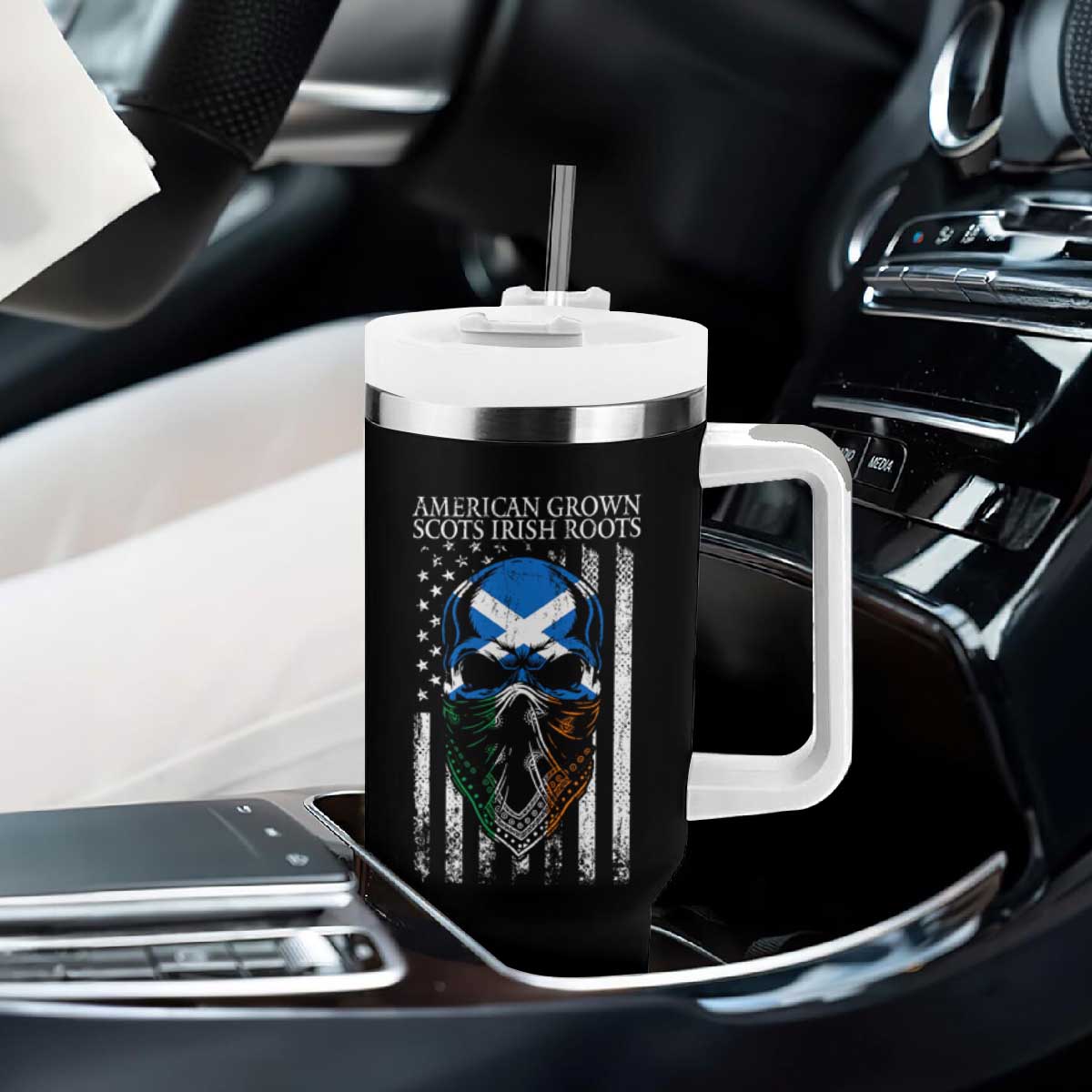 American Grown With Scots Irish Roots Tumbler With Handle American Ulster Scots Skull Flag TS09 Print Your Wear