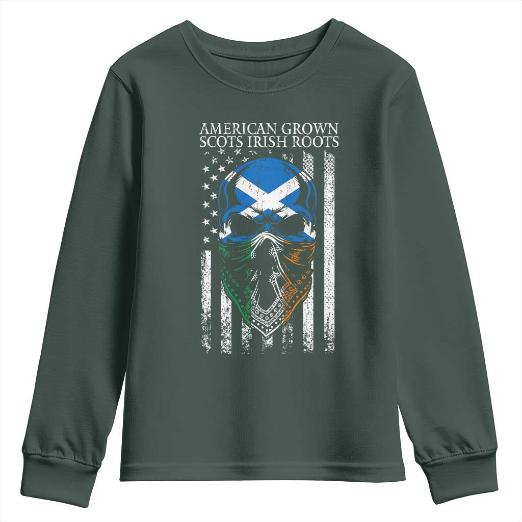 American Grown With Scots Irish Roots Youth Sweatshirt American Ulster Scots Skull Flag TS09 Dark Forest Green Print Your Wear