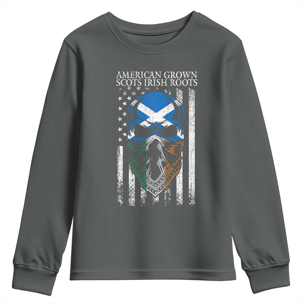 American Grown With Scots Irish Roots Youth Sweatshirt American Ulster Scots Skull Flag TS09 Dark Heather Print Your Wear