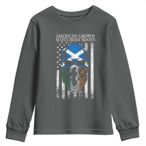American Grown With Scots Irish Roots Youth Sweatshirt American Ulster Scots Skull Flag TS09 Dark Heather Print Your Wear