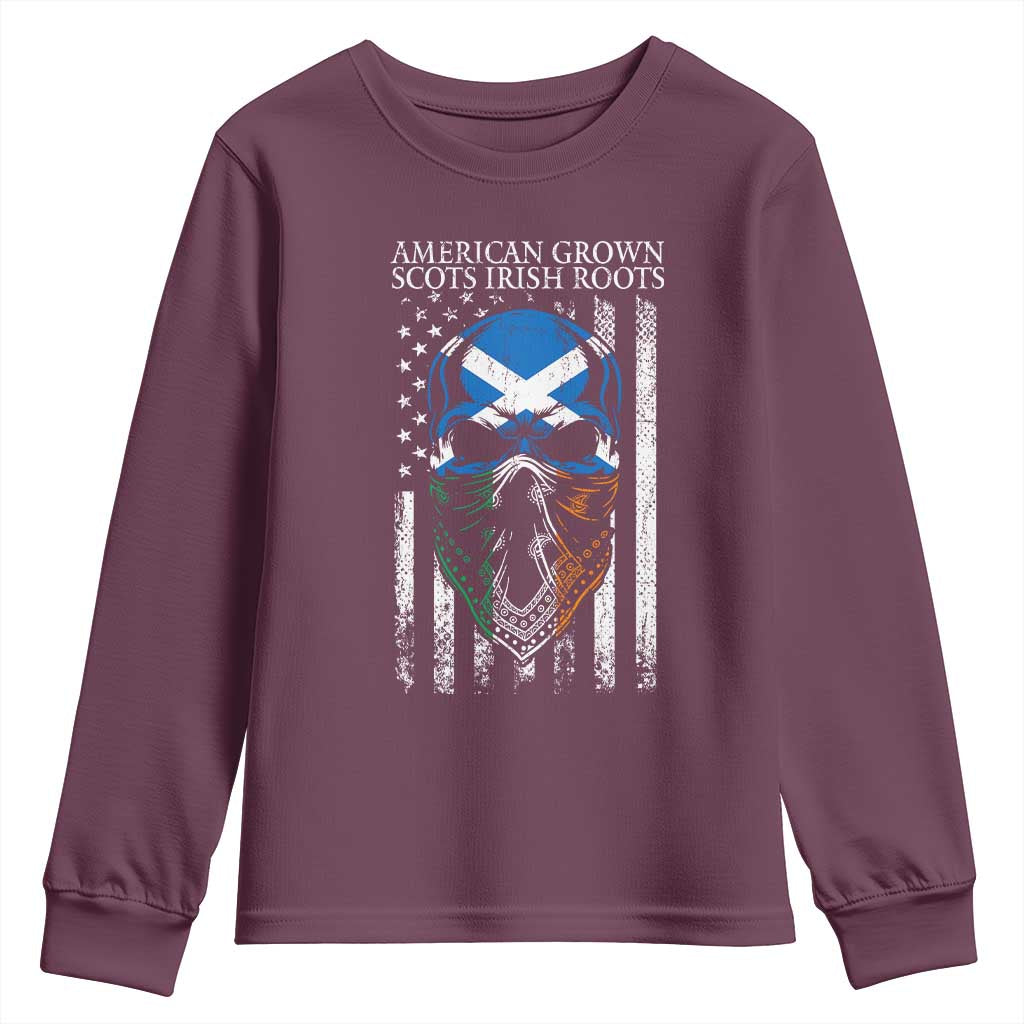 American Grown With Scots Irish Roots Youth Sweatshirt American Ulster Scots Skull Flag TS09 Maroon Print Your Wear