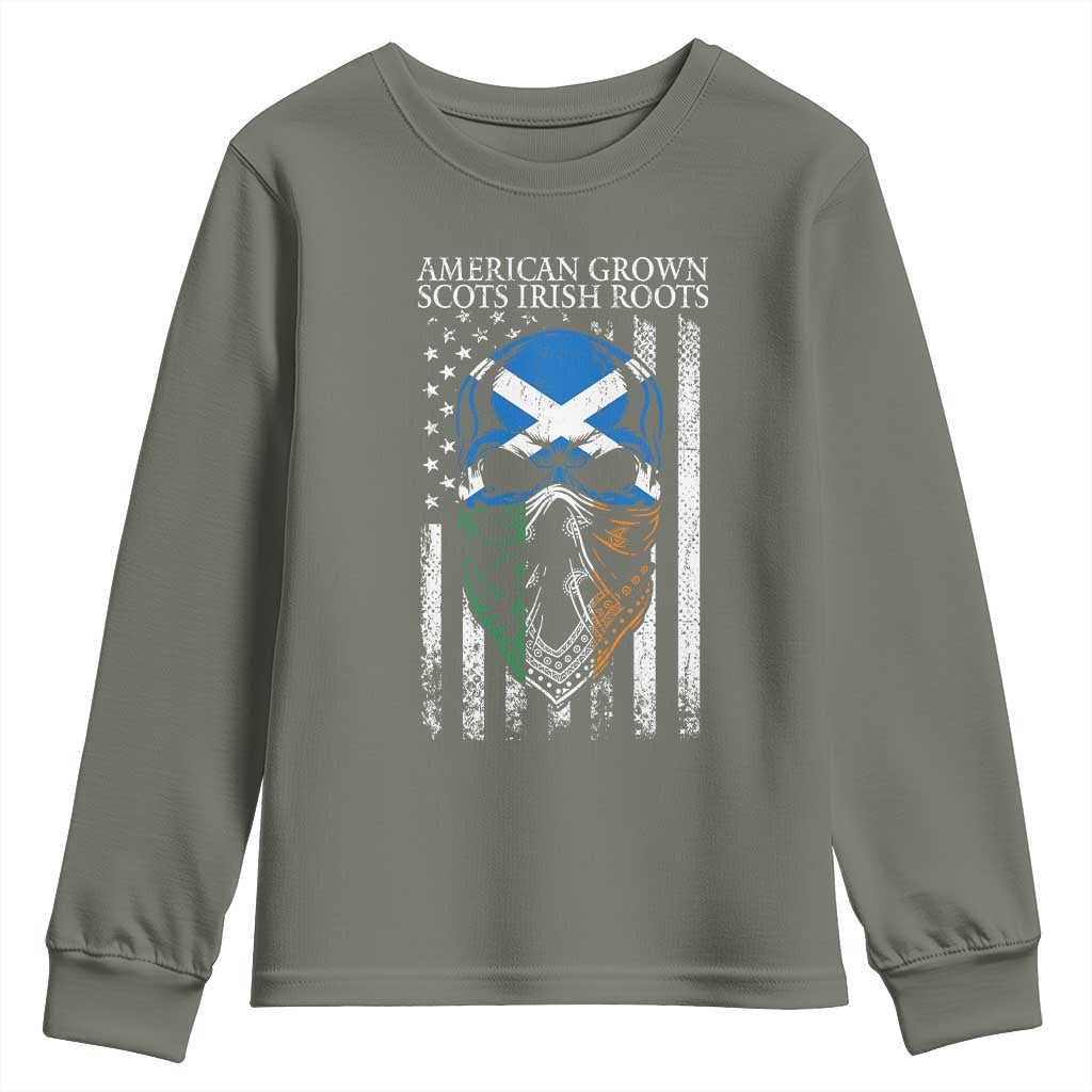 American Grown With Scots Irish Roots Youth Sweatshirt American Ulster Scots Skull Flag TS09 Military Green Print Your Wear