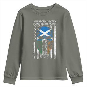 American Grown With Scots Irish Roots Youth Sweatshirt American Ulster Scots Skull Flag TS09 Military Green Print Your Wear