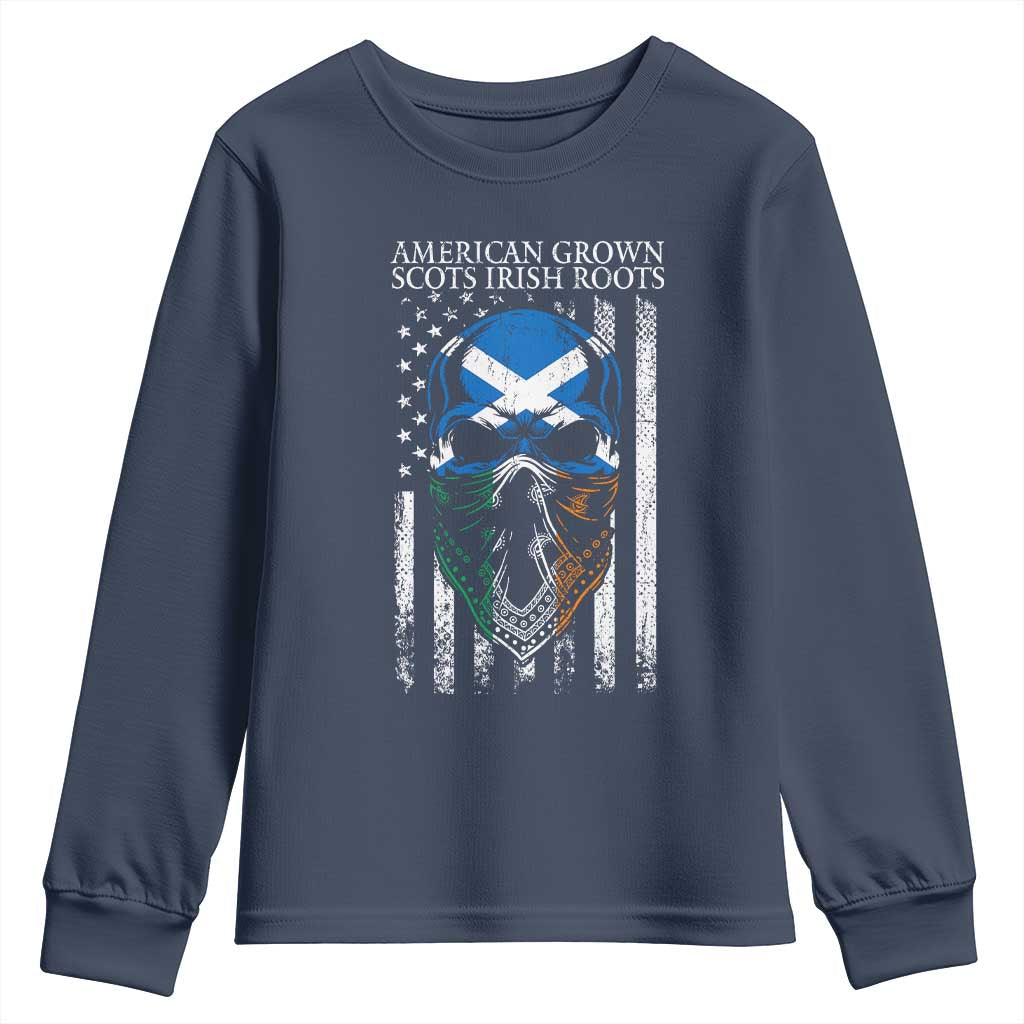 American Grown With Scots Irish Roots Youth Sweatshirt American Ulster Scots Skull Flag TS09 Navy Print Your Wear