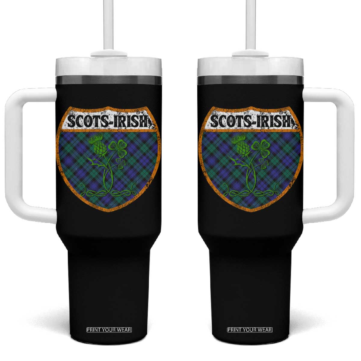 Scots-Irish Pride Tumbler With Handle Shamrock Ulster Scots Scotch Irish Shamrock Thistle TS09 One Size: 40 oz Black Print Your Wear