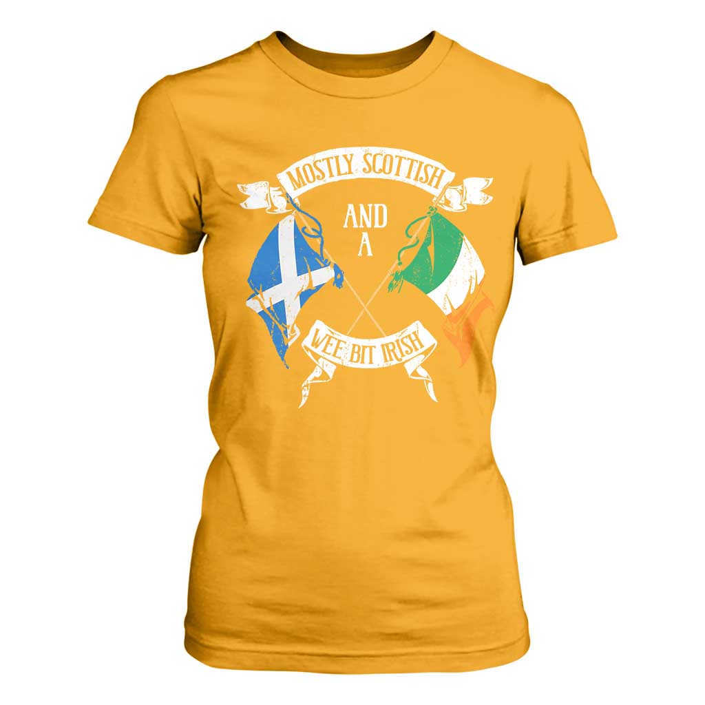 Funny Scots-Irish Pride T Shirt For Women Mostly Scottish Wee Bit Irish TS09 Gold Print Your Wear