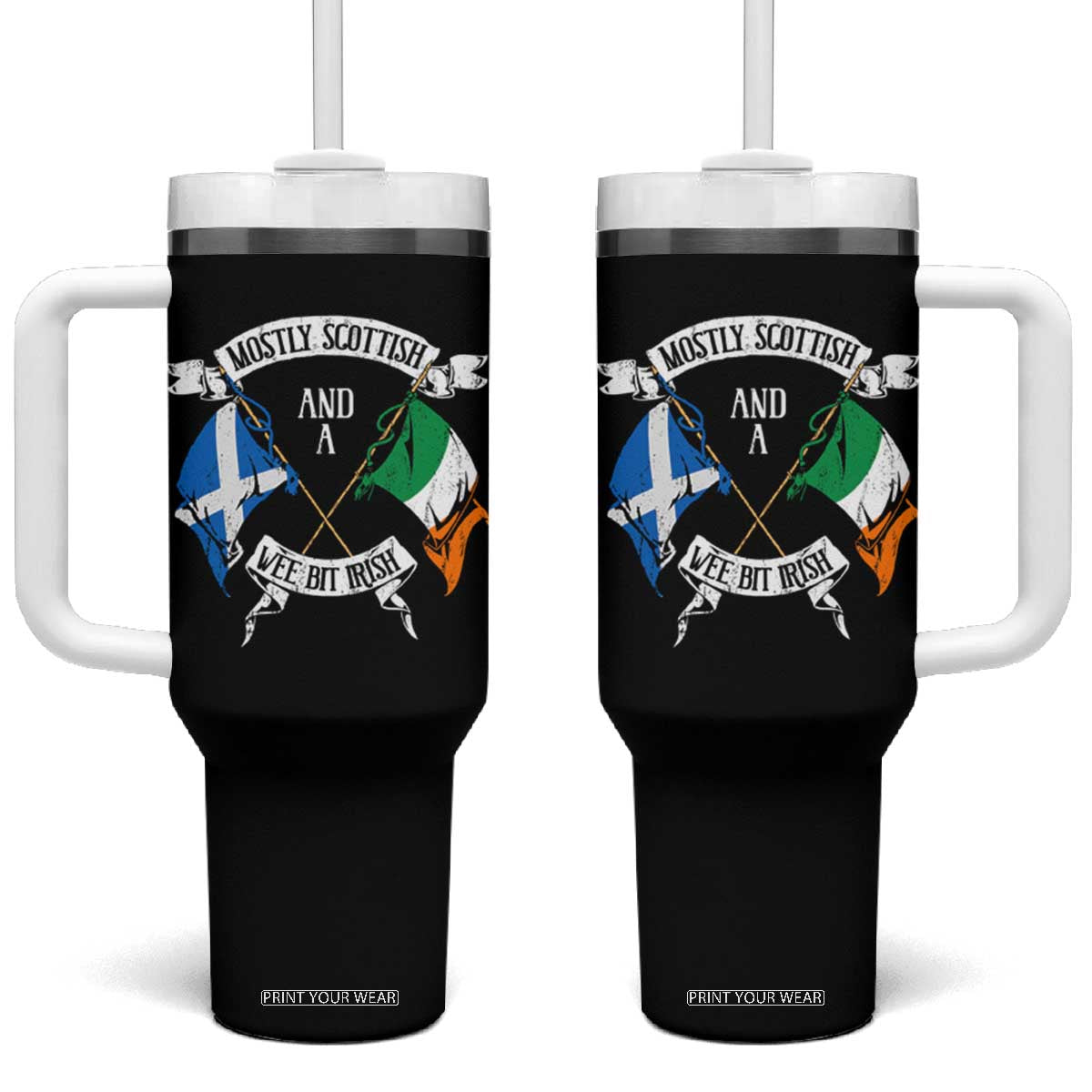 Funny Scots-Irish Pride Tumbler With Handle Mostly Scottish Wee Bit Irish TS09 One Size: 40 oz Black Print Your Wear