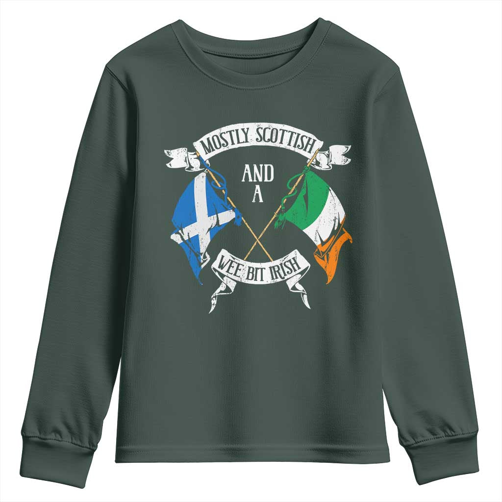Funny Scots-Irish Pride Youth Sweatshirt Mostly Scottish Wee Bit Irish TS09 Dark Forest Green Print Your Wear