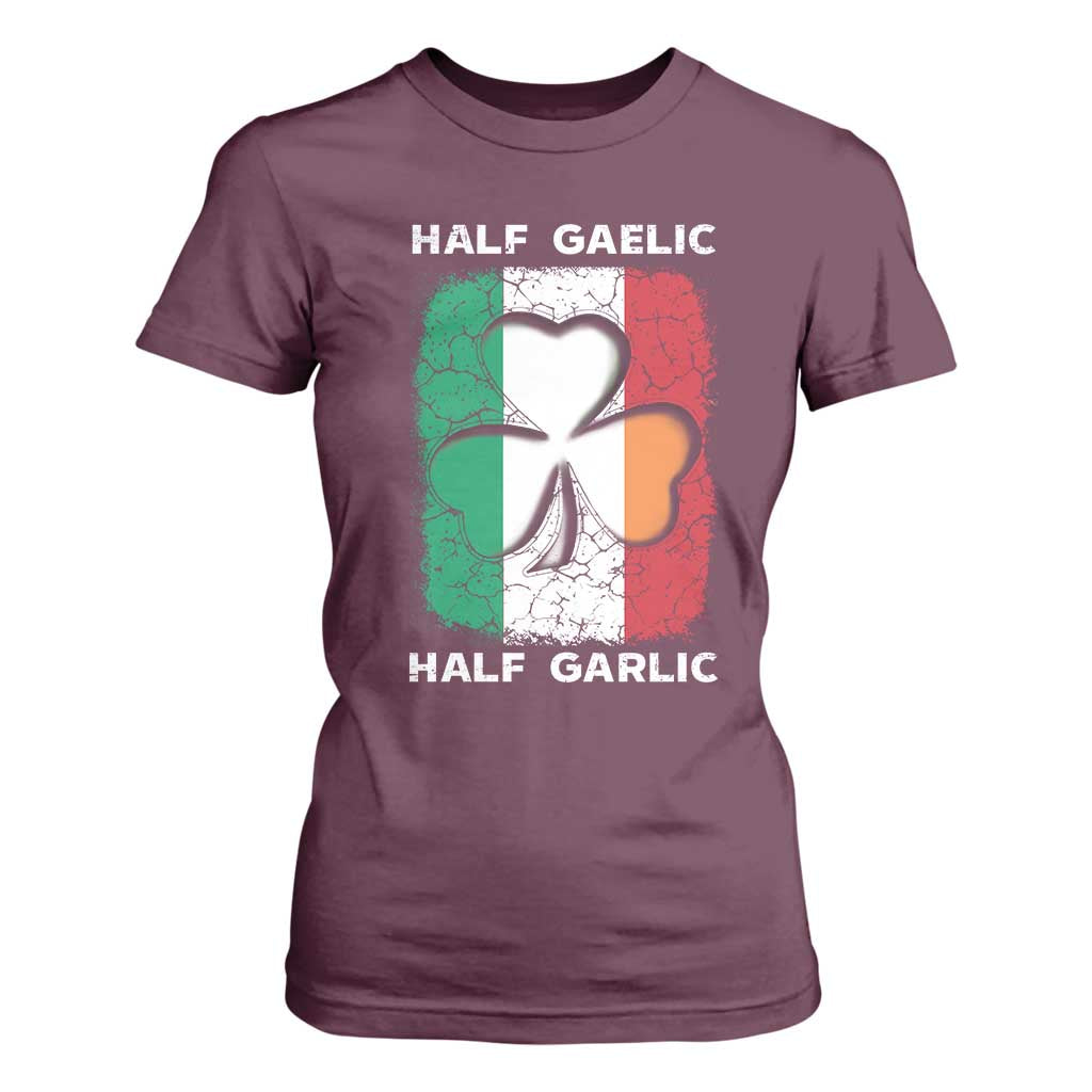 Irish Italian Pride T Shirt For Women Half Gaelic Half Garlic Shamrock Ireland Italy Flag TS09 Maroon Print Your Wear