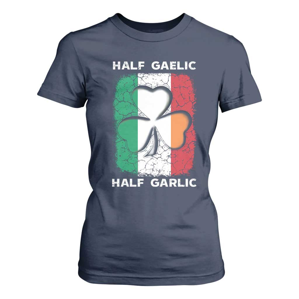 Irish Italian Pride T Shirt For Women Half Gaelic Half Garlic Shamrock Ireland Italy Flag TS09 Navy Print Your Wear