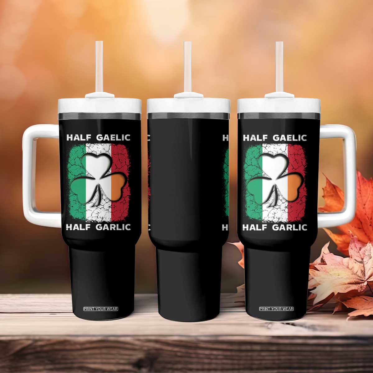 Irish Italian Pride Tumbler With Handle Half Gaelic Half Garlic Shamrock Ireland Italy Flag TS09 Print Your Wear
