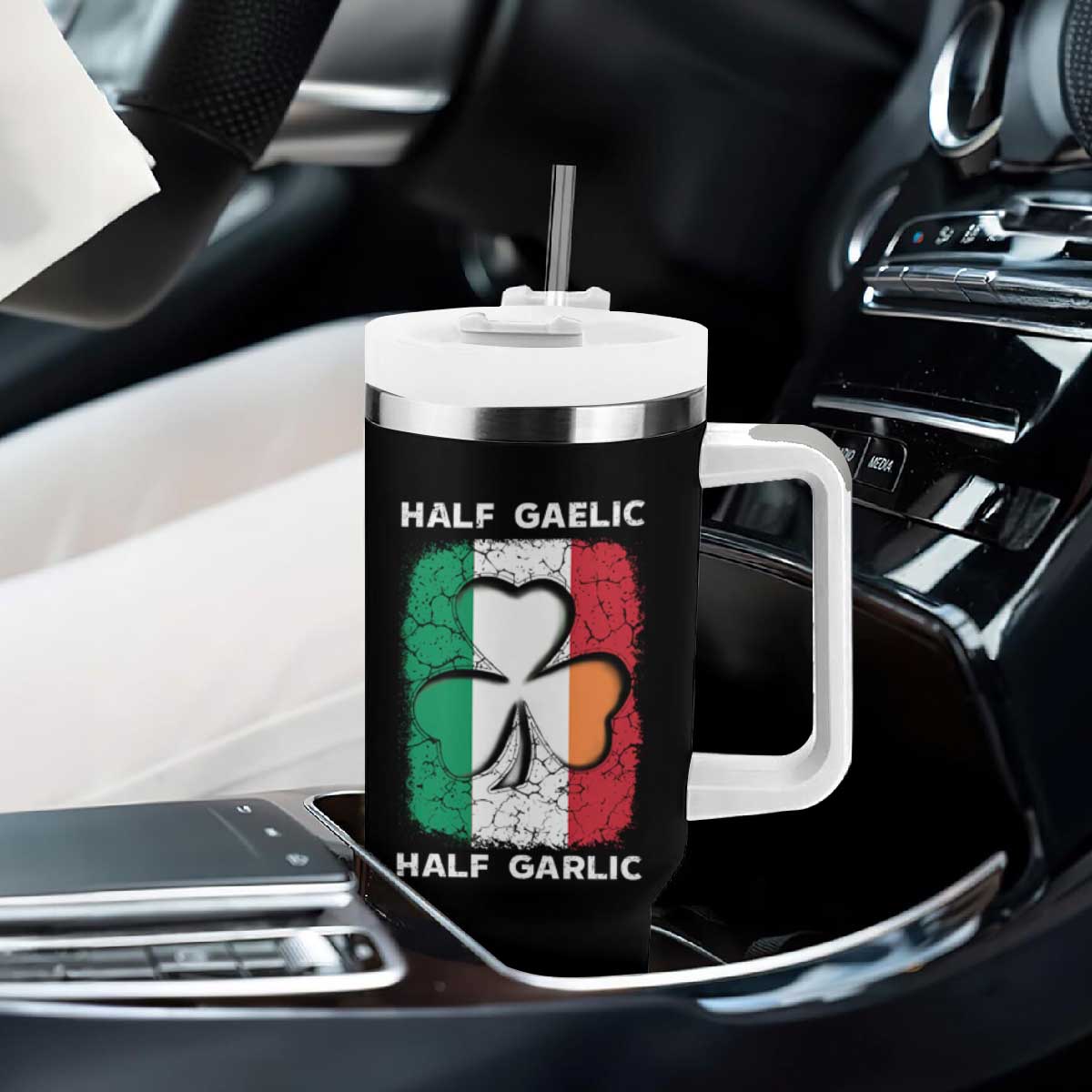 Irish Italian Pride Tumbler With Handle Half Gaelic Half Garlic Shamrock Ireland Italy Flag TS09 Print Your Wear