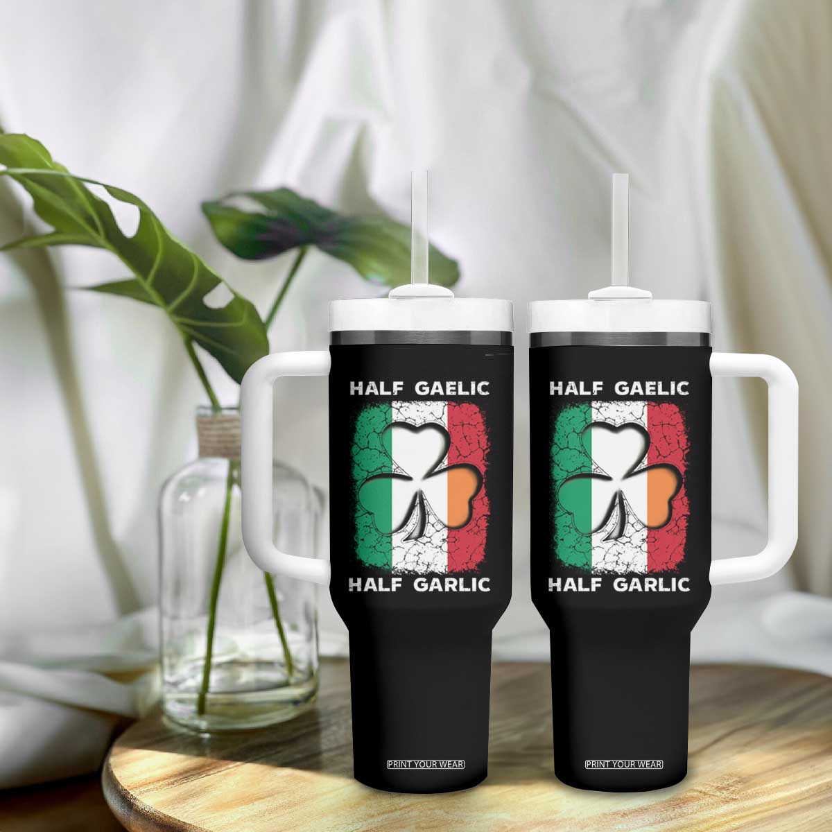 Irish Italian Pride Tumbler With Handle Half Gaelic Half Garlic Shamrock Ireland Italy Flag TS09 Print Your Wear