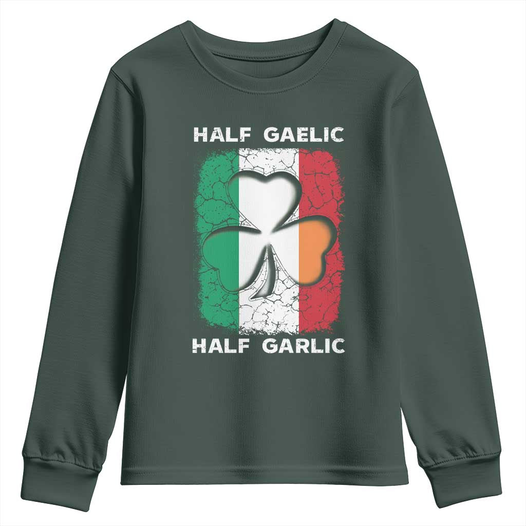 Irish Italian Pride Youth Sweatshirt Half Gaelic Half Garlic Shamrock Ireland Italy Flag TS09 Dark Forest Green Print Your Wear