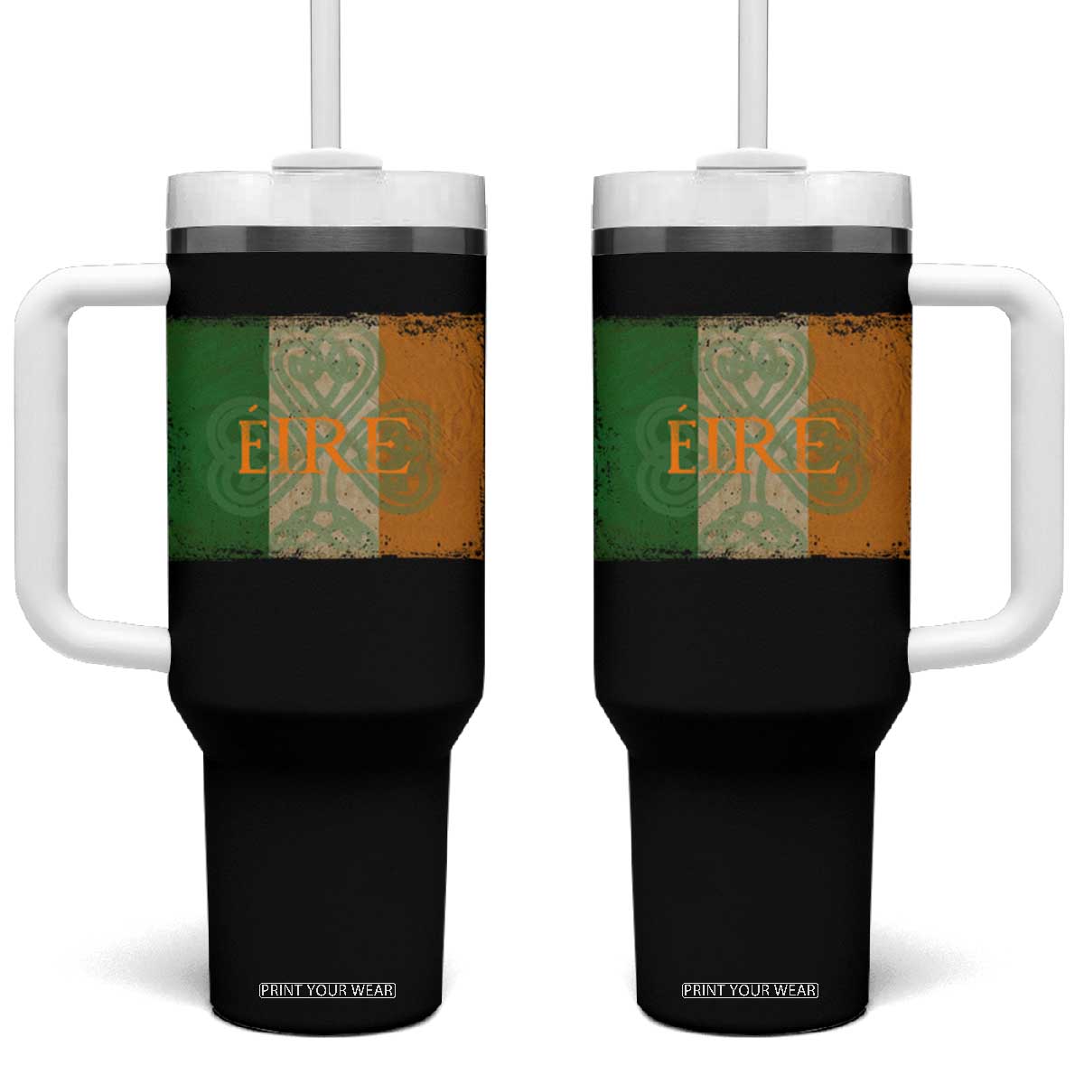 Eire Irish Pride Tumbler With Handle Celtic Shamrock Ireland Flag TS09 One Size: 40 oz Black Print Your Wear