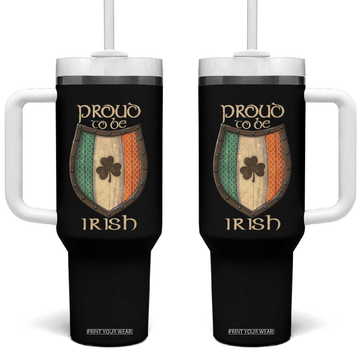 Proud To Be Irish Tumbler With Handle Celtic Shamrock Ireland Flag TS09 One Size: 40 oz Black Print Your Wear