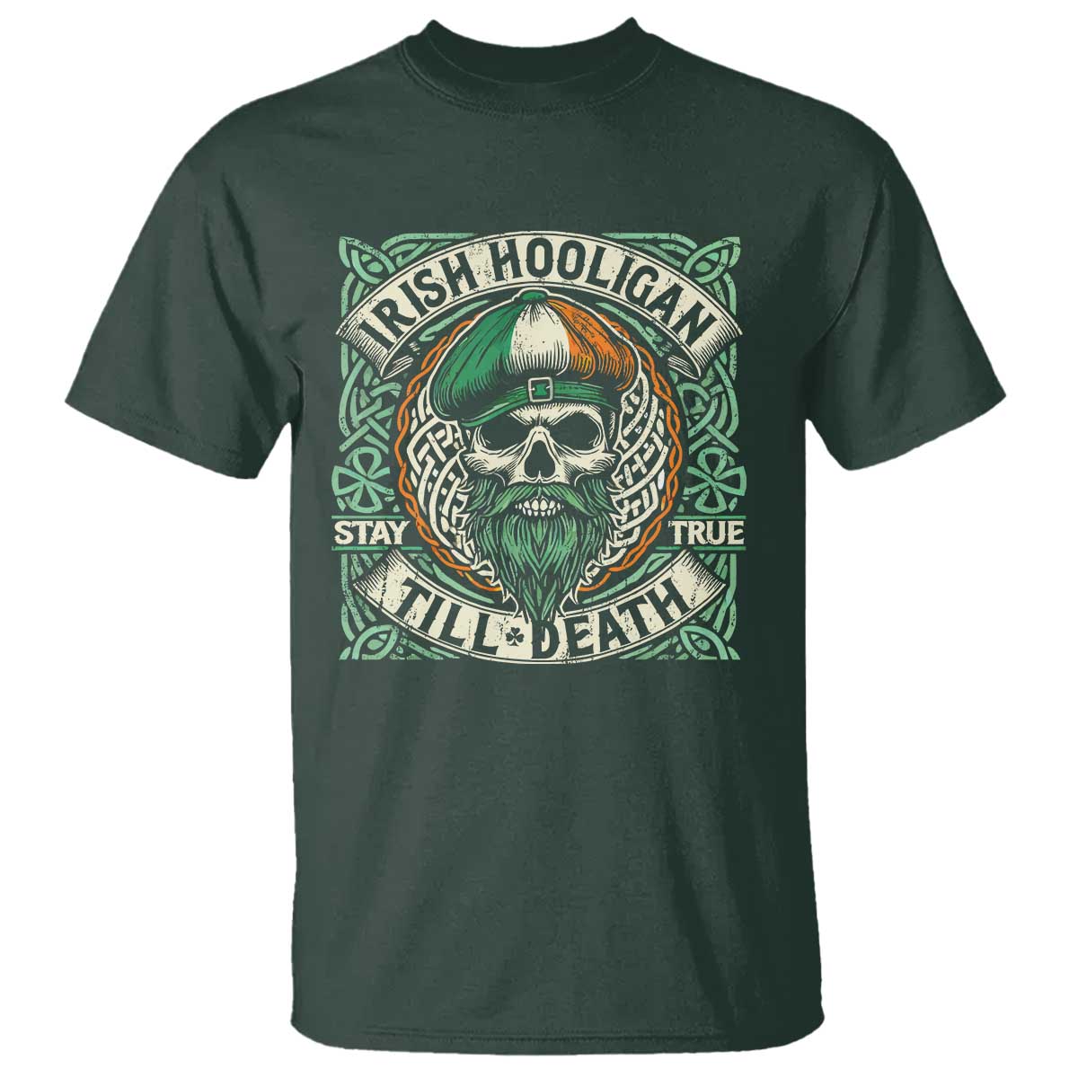 Irish Pride T Shirt Irish Hooligan Ireland Flag Skull TS09 Dark Forest Green Print Your Wear