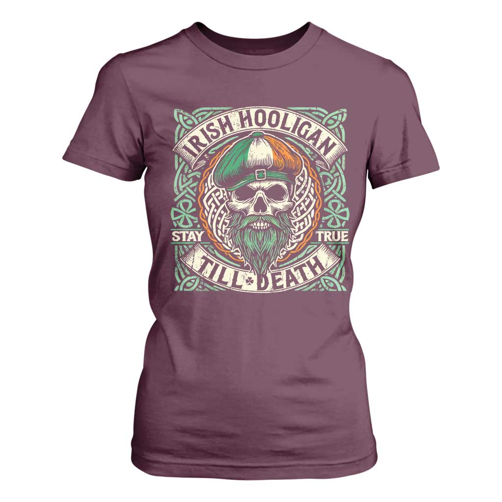 Irish Pride T Shirt For Women Irish Hooligan Ireland Flag Skull TS09 Maroon Print Your Wear