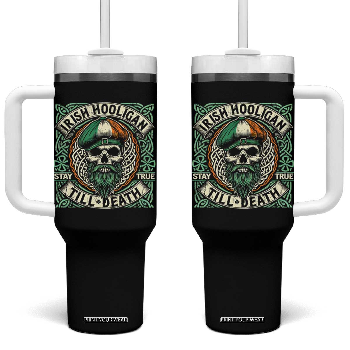 Irish Pride Tumbler With Handle Irish Hooligan Ireland Flag Skull TS09 One Size: 40 oz Black Print Your Wear