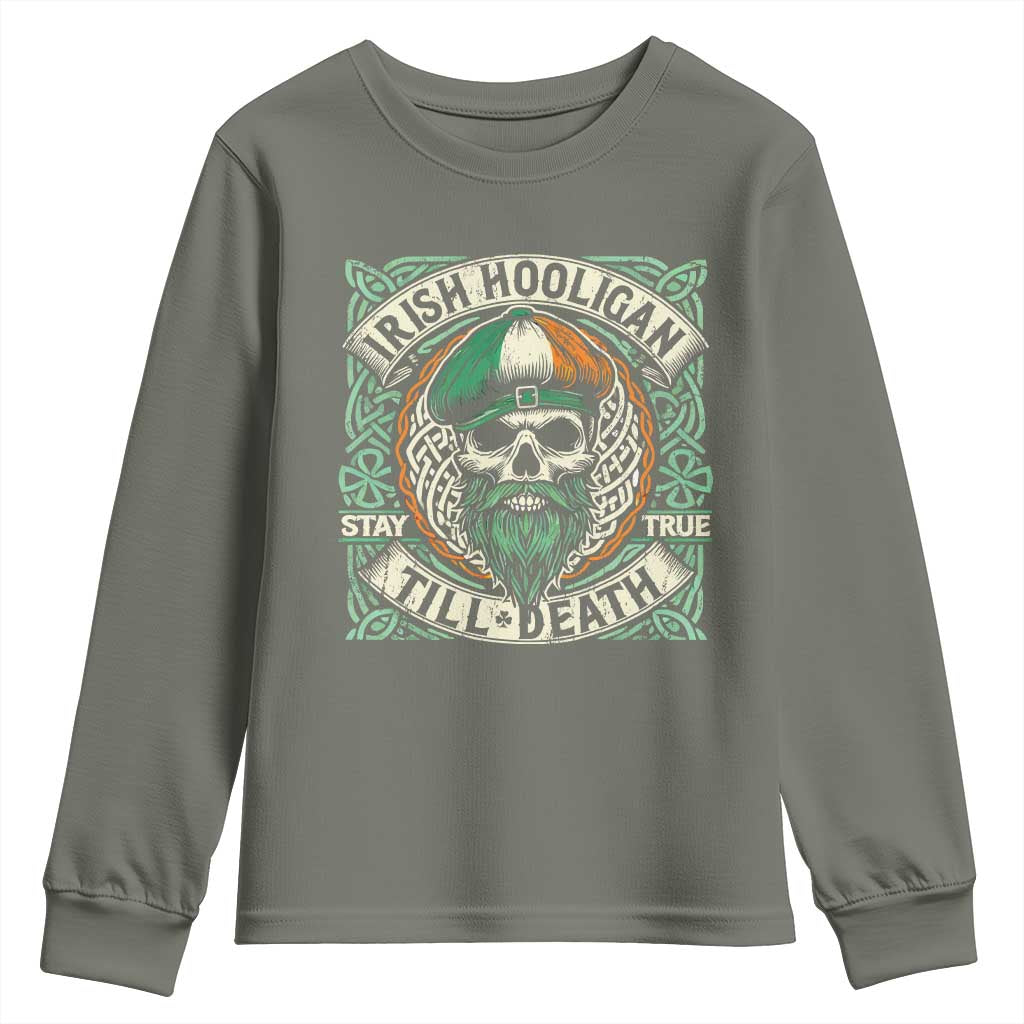 Irish Pride Youth Sweatshirt Irish Hooligan Ireland Flag Skull TS09 Military Green Print Your Wear