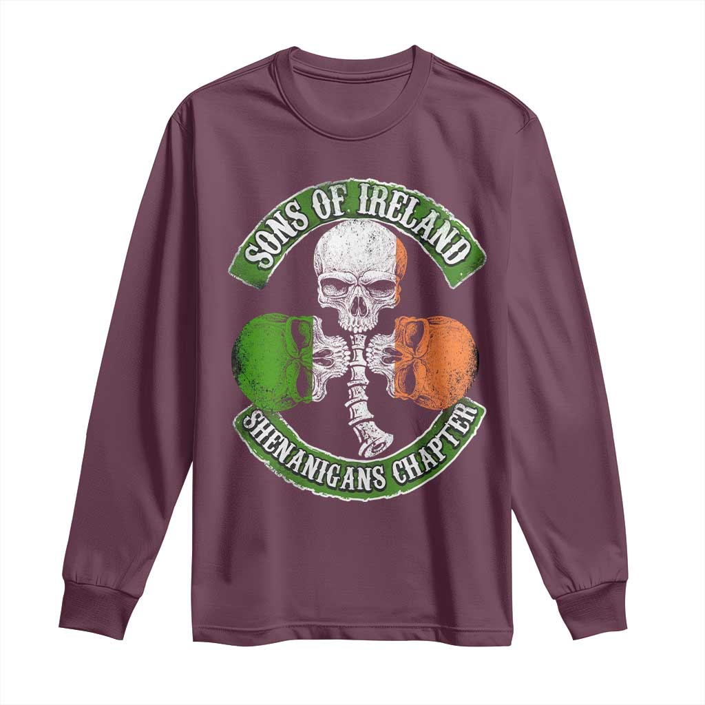 Irish Pride Long Sleeve Shirt Sons Of Ireland Shenanigans Chapter Skull Shamrock TS09 Maroon Print Your Wear