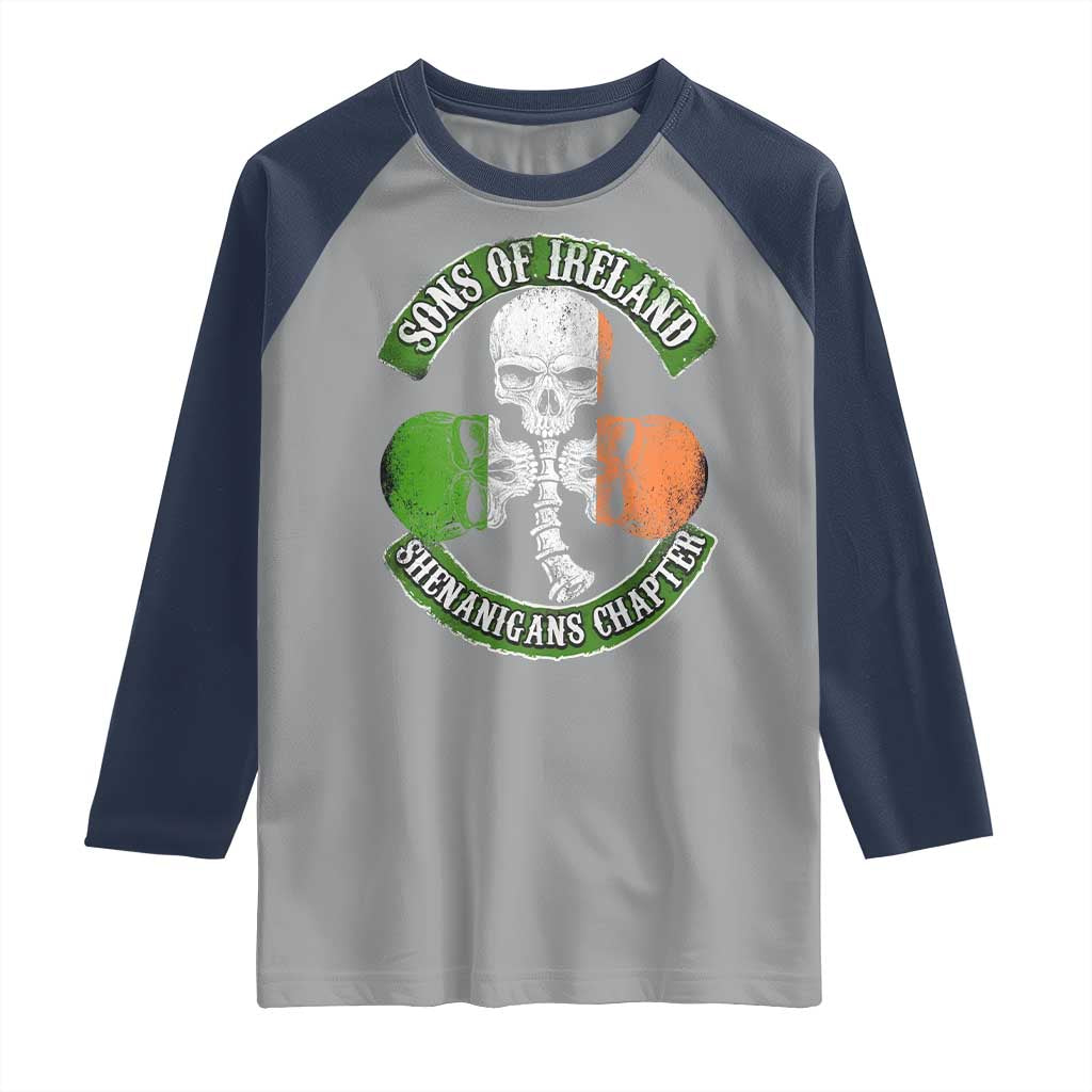 Irish Pride Raglan Shirt Sons Of Ireland Shenanigans Chapter Skull Shamrock TS09 Sport Gray Navy Print Your Wear