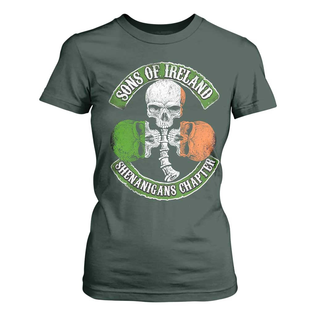 Irish Pride T Shirt For Women Sons Of Ireland Shenanigans Chapter Skull Shamrock TS09 Dark Forest Green Print Your Wear