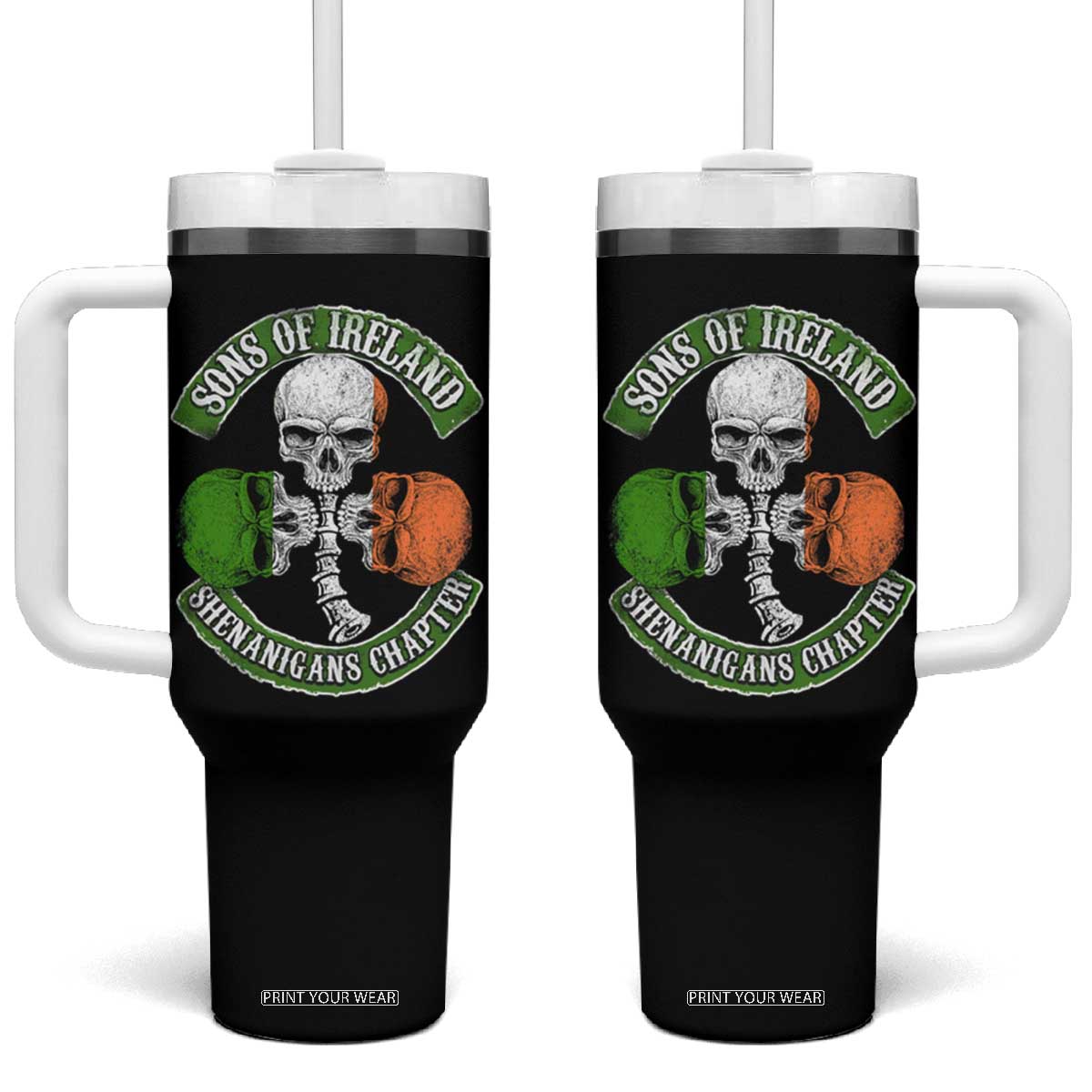 Irish Pride Tumbler With Handle Sons Of Ireland Shenanigans Chapter Skull Shamrock TS09 One Size: 40 oz Black Print Your Wear