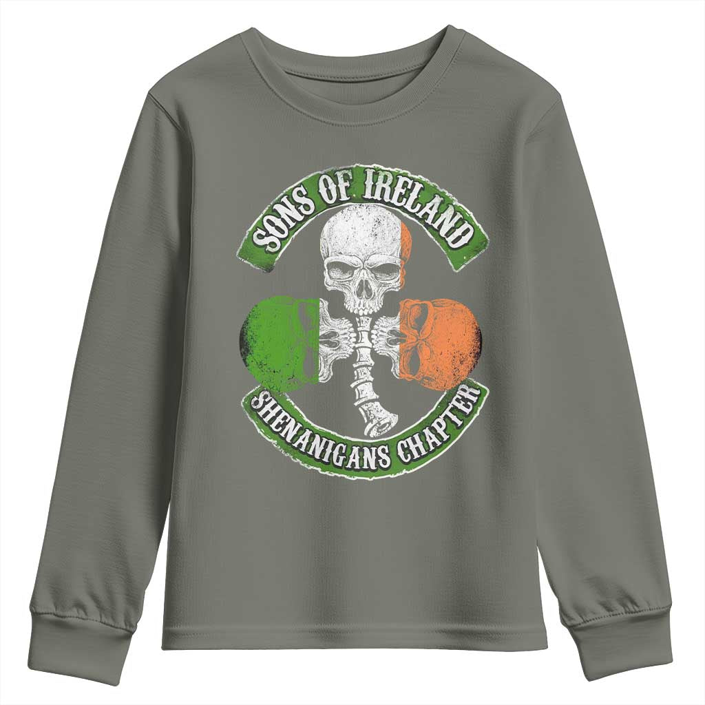 Irish Pride Youth Sweatshirt Sons Of Ireland Shenanigans Chapter Skull Shamrock TS09 Military Green Print Your Wear