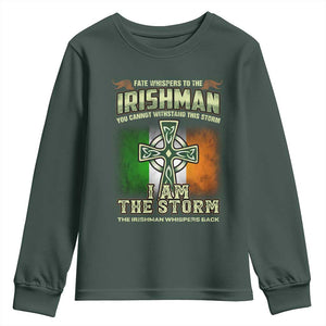 Irish Pride Youth Sweatshirt Irish Warrior I Am The Storm The Irishman Whispers Back TS09 Dark Forest Green Print Your Wear