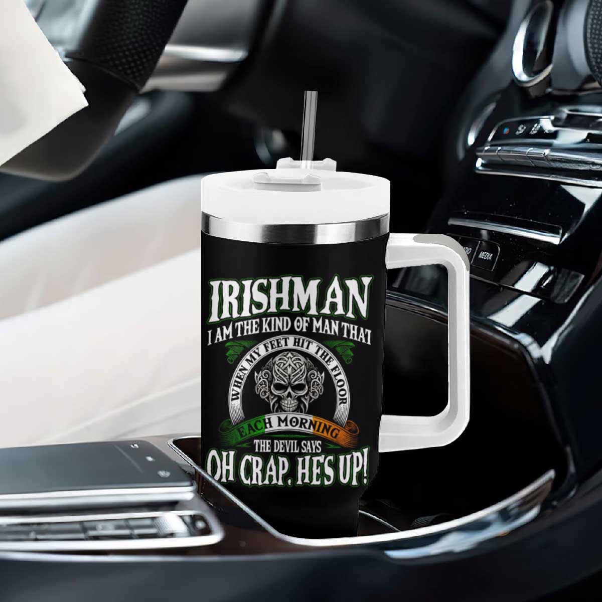 Funny Irishman Tumbler With Handle When My Feet Hit The Floor Each Morning The Devil Says Oh Crap He's Up TS09 Print Your Wear