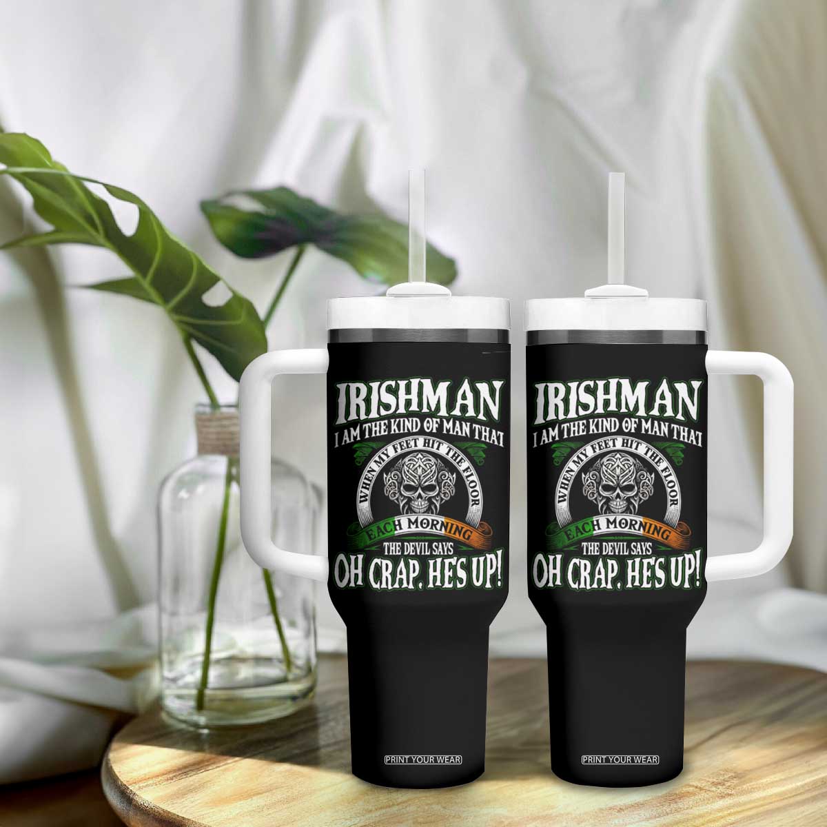 Funny Irishman Tumbler With Handle When My Feet Hit The Floor Each Morning The Devil Says Oh Crap He's Up TS09 Print Your Wear