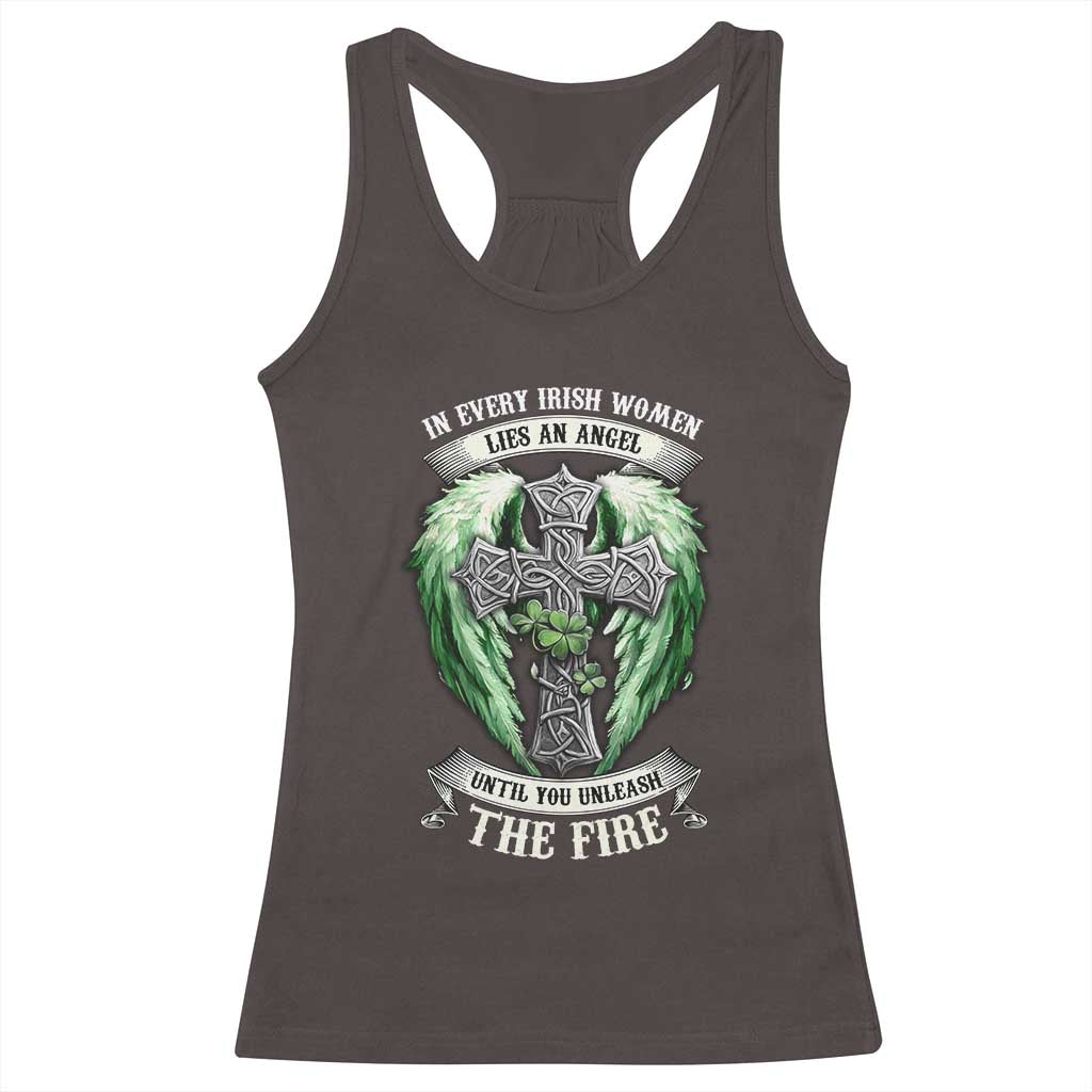 Irish Women Racerback Tank Top In Every Irish Woman Lies An Angel Until You Unleash The Fire TS09 Dark Chocolate Print Your Wear