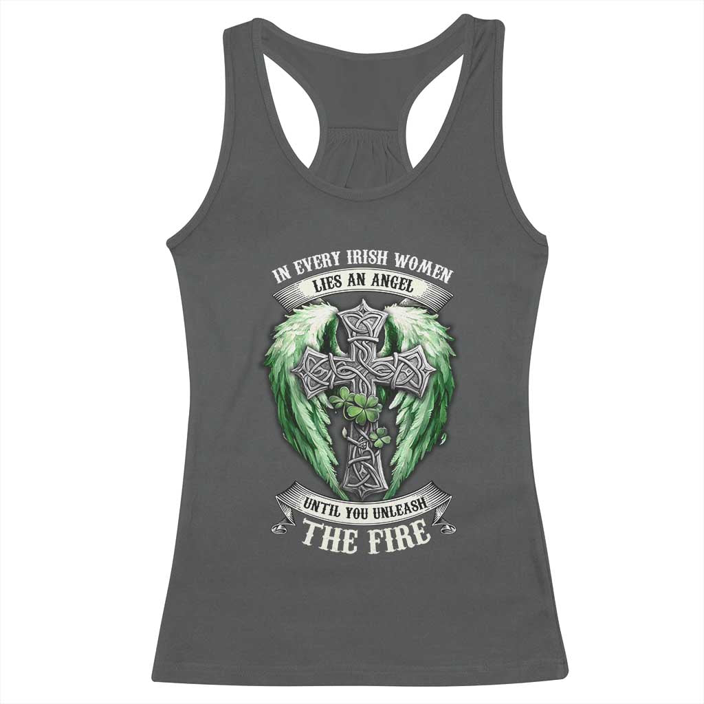 Irish Women Racerback Tank Top In Every Irish Woman Lies An Angel Until You Unleash The Fire TS09 Dark Heather Print Your Wear