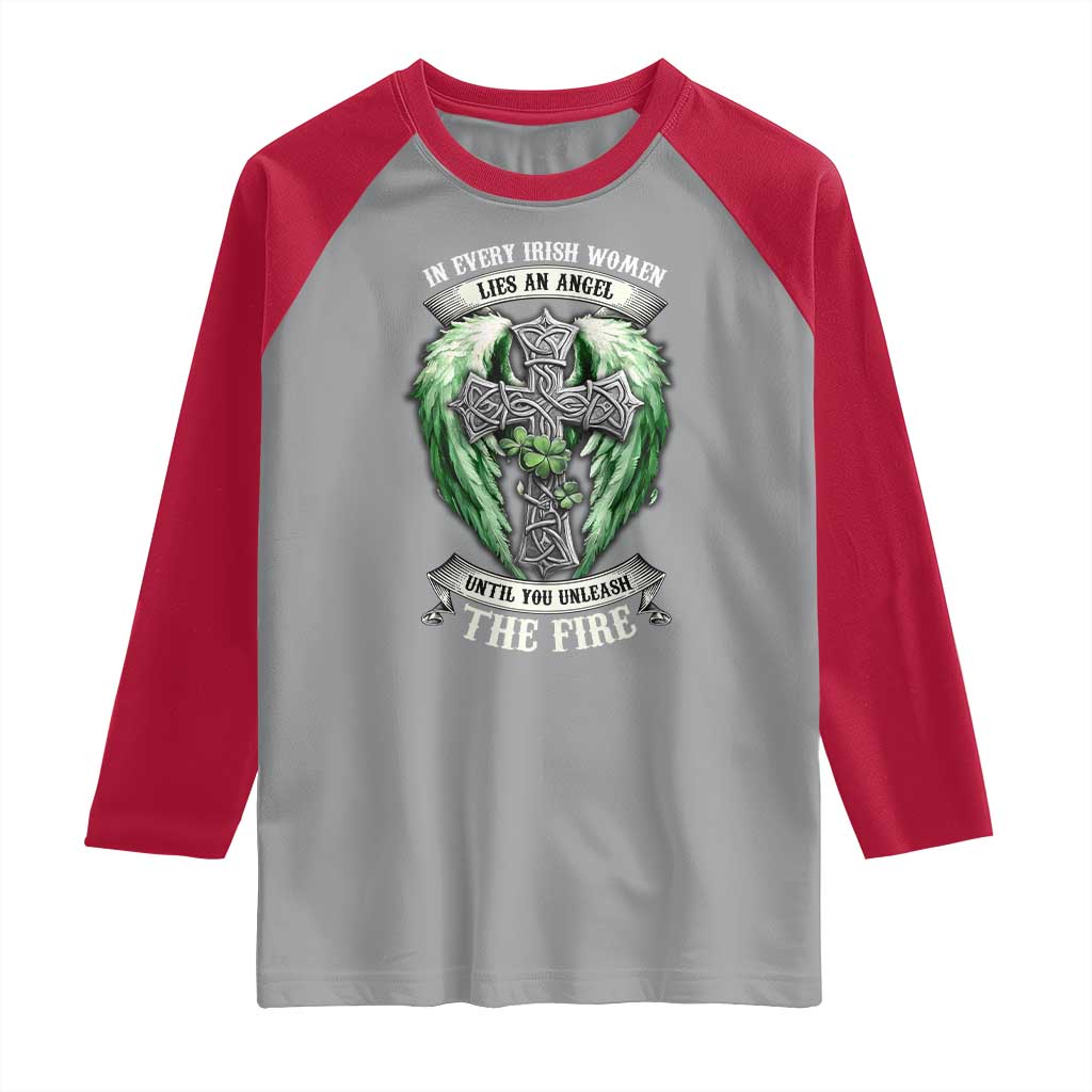 Irish Women Raglan Shirt In Every Irish Woman Lies An Angel Until You Unleash The Fire TS09 Sport Gray Red Print Your Wear