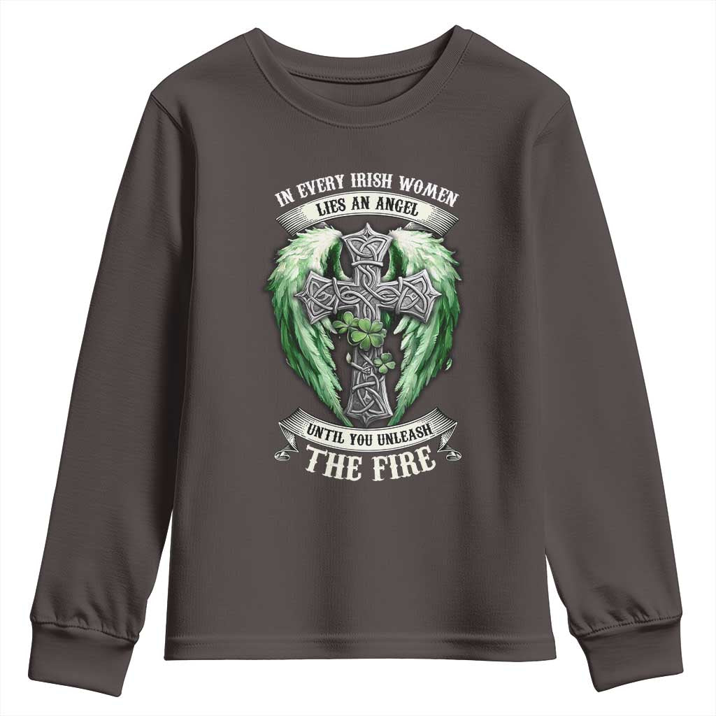 Irish Women Youth Sweatshirt In Every Irish Woman Lies An Angel Until You Unleash The Fire TS09 Dark Chocolate Print Your Wear