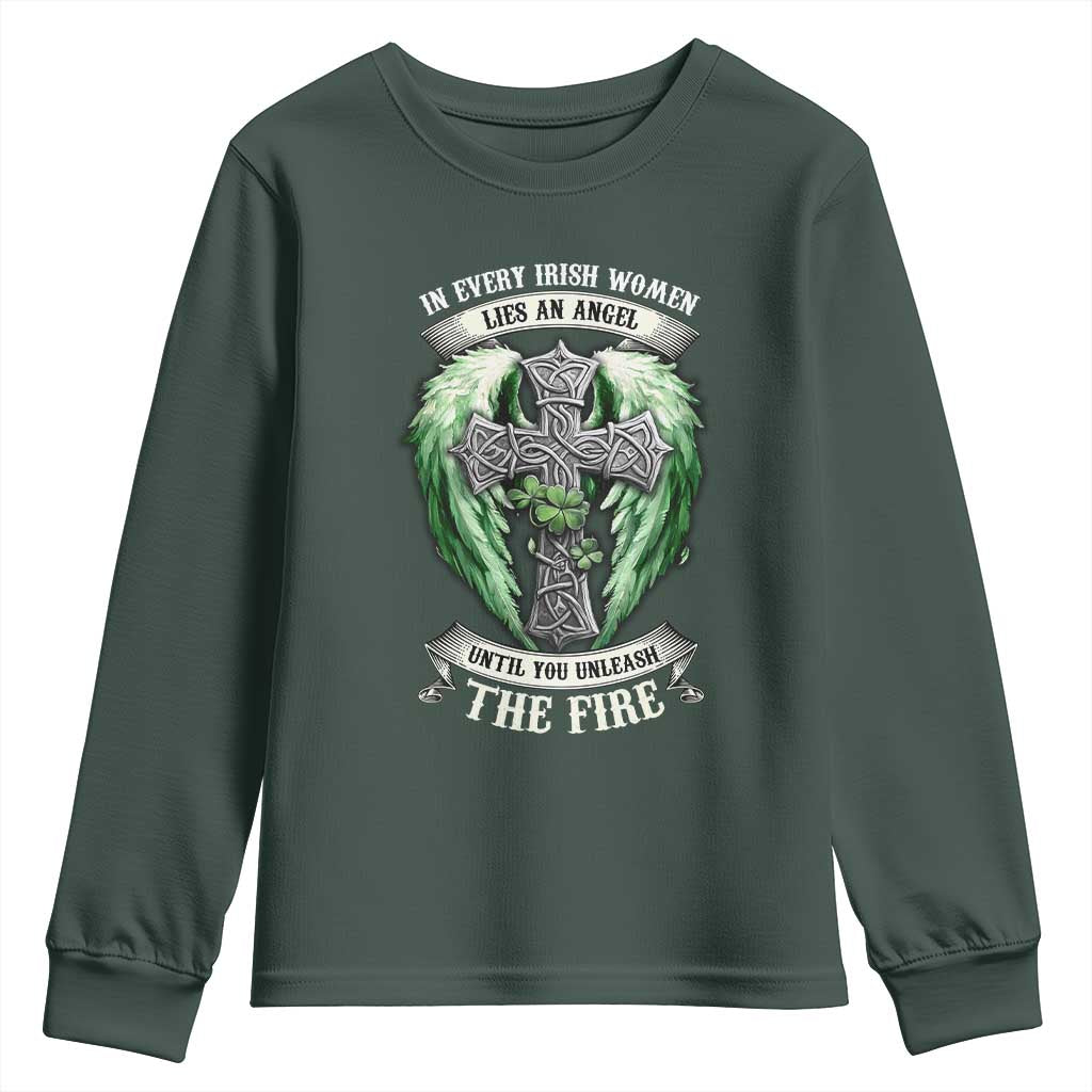 Irish Women Youth Sweatshirt In Every Irish Woman Lies An Angel Until You Unleash The Fire TS09 Dark Forest Green Print Your Wear