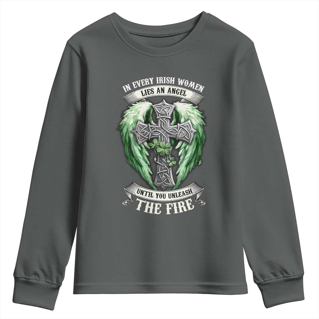 Irish Women Youth Sweatshirt In Every Irish Woman Lies An Angel Until You Unleash The Fire TS09 Dark Heather Print Your Wear