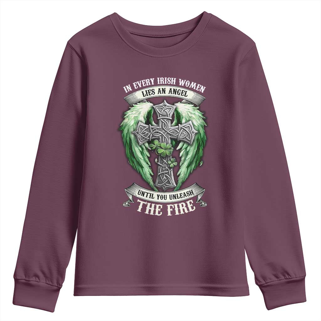 Irish Women Youth Sweatshirt In Every Irish Woman Lies An Angel Until You Unleash The Fire TS09 Maroon Print Your Wear