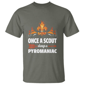 Scouting T Shirt Once A Scout Always A Pyromaniac Campfire TS09 Military Green Printyourwear